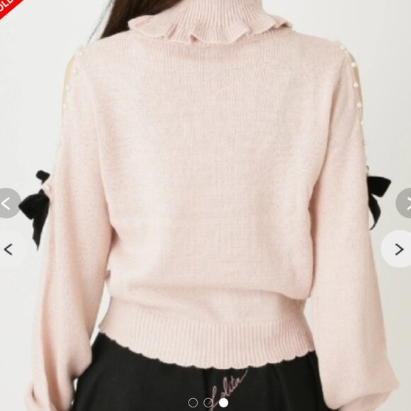 Ank Rouge Pink Heart Cable Knit Cold Shoulder Ruffle Turtleneck Sweater - Picture 3 of 5